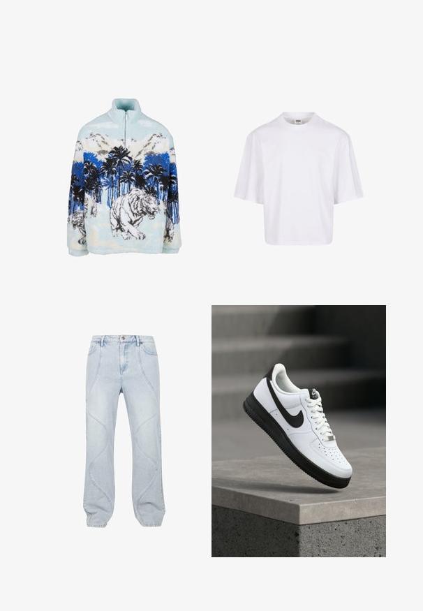 Fleece pullover med høj krave, der har et blåt og hvidt tigermotiv blandt palmer og bjerge. Blød, fyldig tekstur.; Hvid t-shirt med korte ærmer, der har en rund halsudskæring og en afslappet pasform, lavet af et glat bomuldsblandingsstof. Ingen mønstre eller udsmykninger.; Lyseblå denim jeans med buede syninger, knaplukning og afslappet pasform. Stof har en glat overflade med en let falmning.; Hvid lædersneaker med sorte detaljer, rundet tå og perforerede detaljer. Sort gummisål med tekstureret mønster og snørelukning.