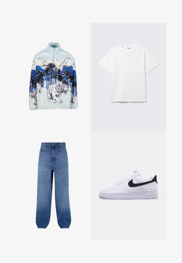 Sudadera de forro polar con cuello alto, que presenta un diseño de tigre azul y blanco entre palmeras y montañas. Textura suave y esponjosa.; Camiseta blanca de manga corta con cuello redondo, colocada plana, diseño liso, con etiqueta "WEEKDAY" en el interior del cuello sobre un fondo claro.; Jeans de denim azul claro con una cintura alta, corte holgado y puños ajustados. Presentan cinco bolsillos y un ligero desgaste en la parte delantera.; Zapatilla blanca de cuero con un Swoosh negro texturizado, cordones planos y una suela de goma con un patrón estriado. "AIR" está grabado en el talón.