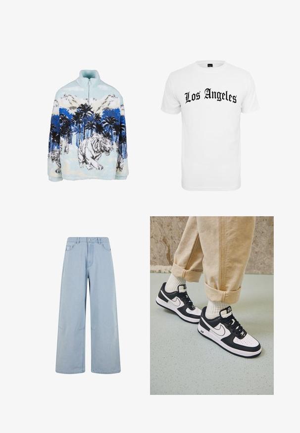 Sudadera de forro polar con cuello alto, que presenta un diseño de tigre azul y blanco entre palmeras y montañas. Textura suave y esponjosa.; Camiseta de algodón de manga corta blanca con la inscripción "Los Ángeles" en negrita con fuente gótica negra en la parte delantera. Material de algodón con una textura suave.; Jeans de mezclilla de pierna ancha en un azul claro, con cintura alta, cierre de botones y bolsillos frontales. El diseño incluye detalles de costura sutiles.; Zapatillas Nike Air Force 1 en blanco y negro con parte superior de cuero, puntera perforada y detalle de suela texturizada, combinadas con pantalones beiges remangados y calcetines blancos.