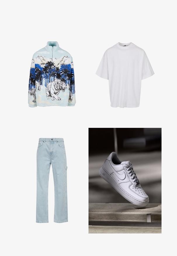 Sudadera de forro polar con cuello alto, que presenta un diseño de tigre azul y blanco entre palmeras y montañas. Textura suave y esponjosa.; Camiseta de algodón blanca con cuello redondo y mangas cortas, que presenta un corte holgado y detalles de costura sutiles.; Vaqueros de denim azul claro con un diseño de pierna recta, que cuentan con bolsillos delanteros y traseros, y un bolsillo lateral de tipo cargo. Textura suave, estilo casual.; Zapatilla Nike Air Force 1 de cuero blanco que presenta una puntera perforada, cordones planos y una suela de goma texturizada con la marca "AIR" en el lateral.