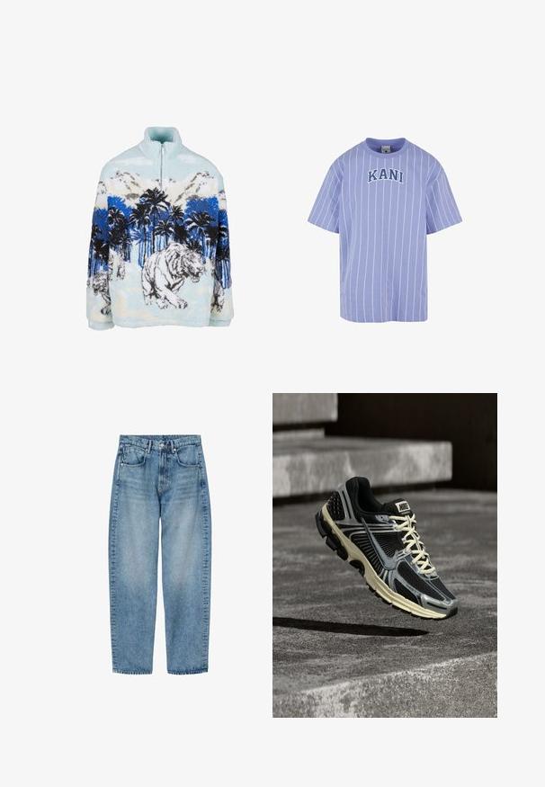 Fleece pullover med høj krave, der har et blåt og hvidt tigermotiv blandt palmer og bjerge. Blød, fyldig tekstur.; Lys lilla kortærmet t-shirt med lodrette hvide striber og "KANI" trykt i blå på brystet. Blødt bomuldsstof, afslappet pasform.; Lyseblå denim jeans med lige ben, forlommer, bæltestropper og knaplukning, vist fladt på en hvid baggrund.; Sort og grå Nike-løbesko med cremefarvede snørebånd, der svæver over en tekstureret betonoverflade.