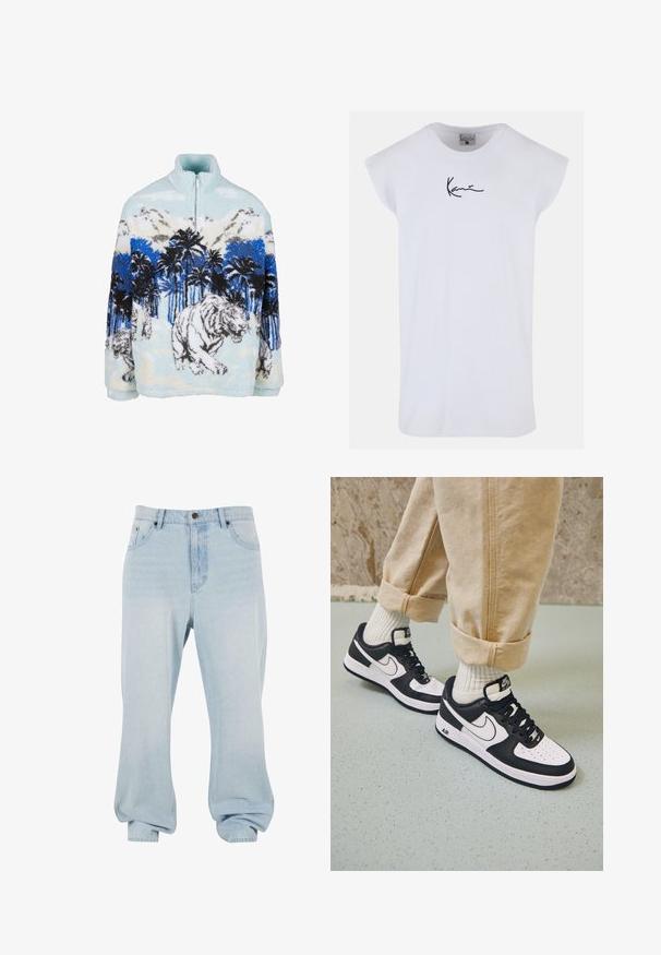 Mikina z fleecu s vysokým golierom, s modro-bielym dizajnom tigra medzi palmami a horami. Mäkká, plyšová textúra.; Karl Kani SMALL SIGNATURE TEE - Top - white; Svetlo modré denimové džínsy s voľným strihom, obsahujúce päť vreciek, viditeľné švy a zapínanie na gombík v páse.; Čierno-biele tenisky Nike Air Force 1 s koženým zvrškom, perforovanou špičkou a textúrovanou podrážkou, kombinované s ohrnutými béžovými nohavicami a bielymi ponožkami.
