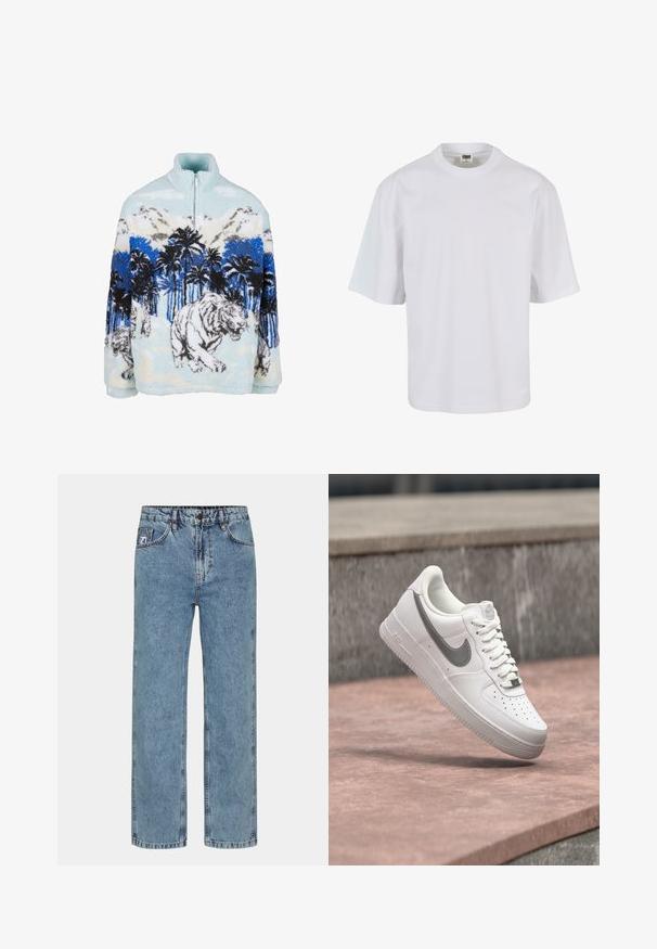 Fleece pullover med høj krave, der har et blåt og hvidt tigermotiv blandt palmer og bjerge. Blød, fyldig tekstur.; Hvid, kortærmet t-shirt lavet af bomuld. Har rund halsudskæring og løs pasform med en glat tekstur og ingen synlige mønstre eller grafik.; Lyseblå lige ben jeans i denimstof med knaplukning, fem lommer og kontrastsyning.; Hvid Nike Air Force 1 sneaker med gråt swoosh-logo svævende over en stensurface og en grå stenvæg i baggrunden.