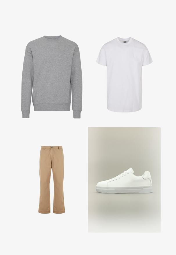 Sweat-shirt à manches longues gris clair uni avec col, poignets et ourlet côtelés, présenté de face sur un fond blanc.; T-shirt en coton blanc à manches courtes, col rond et ourlet droit. Texture lisse, sans motifs ni graphismes, étiqueté "Urban Classic".; Pantalons en coton beige à coupe droite, dotés d'une fermeture à bouton, de poches avant et d'une texture lisse.; Baskets basses blanches à lacets, doté d'un col rembourré et d'une semelle en caoutchouc texturée, présentées de profil sur un fond neutre.