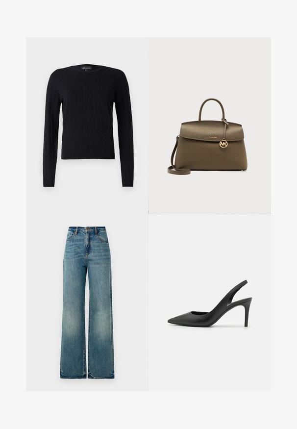 Pull en maille noir avec un motif en losange, manches longues, col rond et poignets et ourlet côtelés. Fabriqué en matériau doux et texturé.; Un jean en denim bleu clair à taille haute, style large, doté de cinq poches et d'ourlets légèrement effilochés, présentant une finition texturée et décolorée.; Escarpins à talon aiguille en cuir noir, avec un design à bout pointu, présentant une découpure à l'avant et un talon fin.; Sac à main en cuir structuré vert olive avec poignées supérieures, longue bandoulière, fermeture à rabat et charm logo Michael Kors doré.