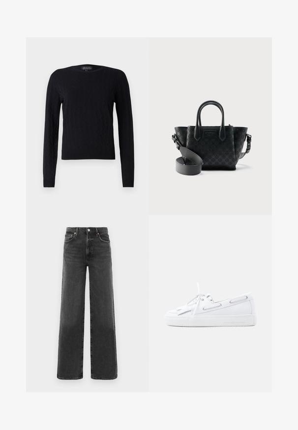 Sort striktrøje med diamantmønster, lange ærmer, runde halsudskæring og ribbede mansjetter og kant. Fremstillet af blødt, tekstureret materiale.; Sorte højtaljede lige ben denimjeans med frontknap og lynlås, to frontlommer og to baglommer.; Hvid læder bådsko med snørelukning foran, sideøjer, kvastdetalje og flad gummisål på ensartet lys baggrund.; Sort mønstret læderhåndtaske med to øverste håndtag og en justerbar skulderrem mod en hvid baggrund.