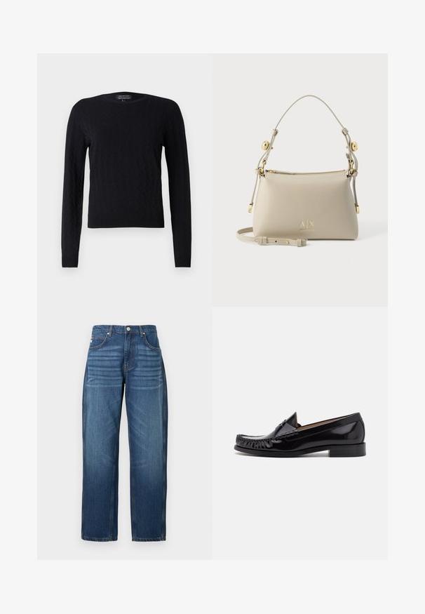 Pull en maille noir avec un motif en losange, manches longues, col rond et poignets et ourlet côtelés. Fabriqué en matériau doux et texturé.; Jeans en denim bleu foncé, design à jambe droite, cinq poches et coutures en cuivre aux bords. Texture lisse avec un léger délavage sur le tissu.; Mocassin en cuir noir avec une finition brillante, présentant des franges à l'avant et un petit talon empilé.; Sac à bandoulière en cuir beige avec bandoulière réglable, ferrures dorées et logo A|X Armani Exchange à l’avant.