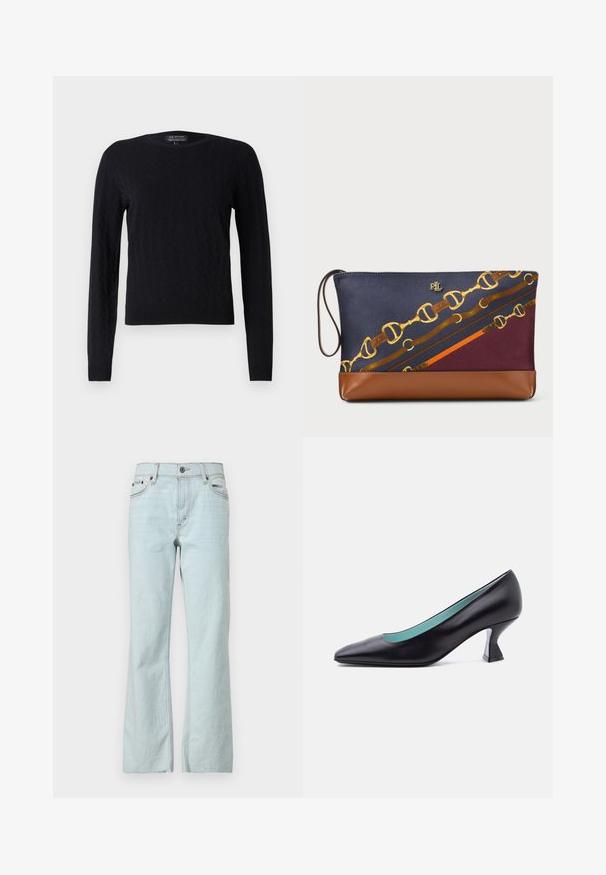 Sort striktrøje med diamantmønster, lange ærmer, runde halsudskæring og ribbede mansjetter og kant. Fremstillet af blødt, tekstureret materiale.; Lyseblå denim jeans med en flagrende skæring, knaplukning, fem lomme-design og subtilt slid på stoffet. Rene, minimale syninger som fremhæver designet.; Sort læder pumps med spids tå, lav unikt formet blokhæl og lyseblåt indre for, vist mod en ensfarvet hvid baggrund.; Clutch taske med et multifarvet kædeprint i navy, bordeaux og orange, suppleret af en bund i brunt læder og en håndledsrem.