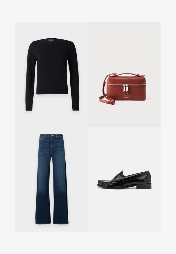 Pull en maille noir avec un motif en losange, manches longues, col rond et poignets et ourlet côtelés. Fabriqué en matériau doux et texturé.; Jean à jambes larges en denim bleu foncé. Caractéristiques : taille haute, cinq poches, légères décolorations et surpiqûres décoratives le long des coutures.; Mocassin en cuir noir avec une finition brillante, présentant des franges à l'avant et un petit talon empilé.; Petit sac bandoulière en cuir marron avec double fermeture éclair argentée et sangle réglable, logo Emporio Armani à l'avant.