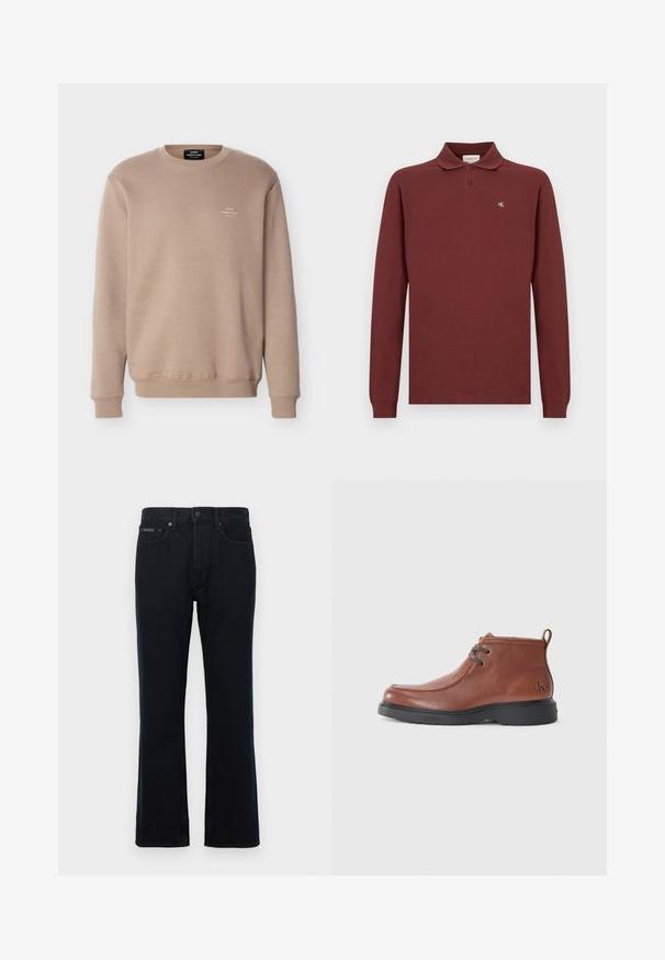 Sweat-shirt beige à col rond avec manches longues, poignets et ourlet côtelés, et petit logo blanc "Mads Nørgaard Copenhagen" sur le côté gauche de la poitrine.; Polo-shirt à manches longues bordeaux en coton, arborant un col classique, une patte de boutonnage à trois boutons et un petit logo brodé sur la poitrine.; Jean en denim noir avec coupe droite, fermeture par bouton et deux poches avant. Le tissu a une texture lisse avec peu de détails.; Bottines en cuir marron avec une embout rond, des détails de lacets et une semelle en caoutchouc noire. Logo notable sur le talon et accents de couture.