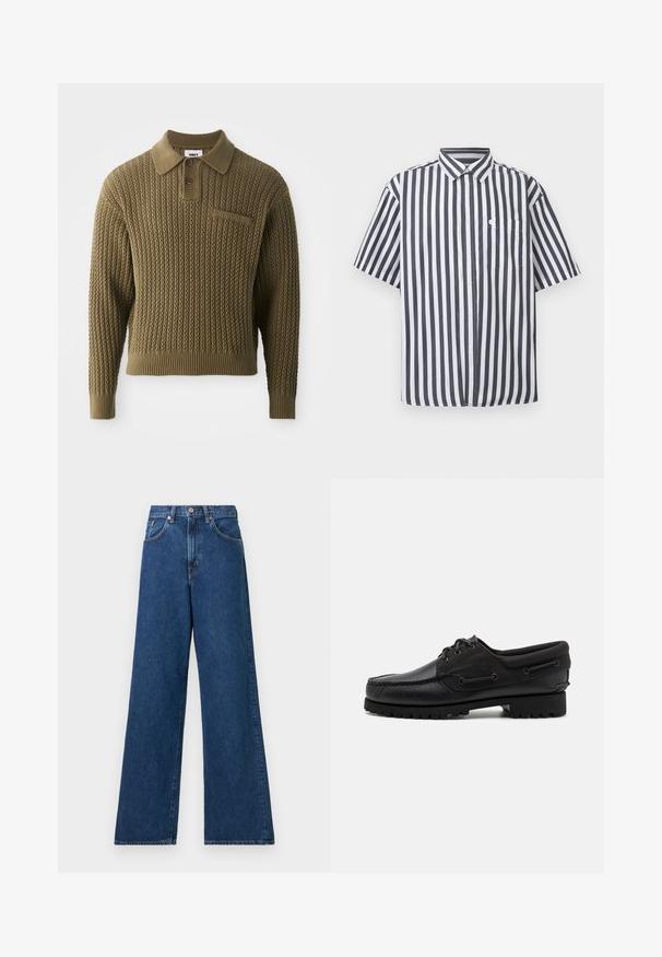 Pull tricoté en vert olive avec un motif texturé, un col et une patte de boutonnage à trois boutons. Présente des poignets et un ourlet côtelés.; Chemise à manches courtes pour hommes, à boutons, avec des rayures verticales noires et blanches et une poche poitrine, sur un fond uni.; Jean en denim bleu à jambes larges avec une taille haute, présentant des passants de ceinture et des poches avant. Le tissu a une texture lisse et des coutures minimales.; Chaussure noire avec un dessus en cuir, des accents textiles, des lacets ronds et une semelle en caoutchouc texturé. Présente des coutures mocassins et des détails de marque.