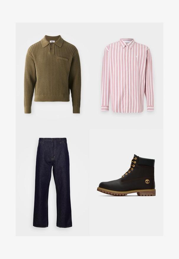 Strikket sweater i olivengrøn med et tekstureret mønster, krave og tre knaplukninger. Har ribbede manchetter og kant.; Stribet skjorte med knapper i pink og hvid. Har krave, lange ærmer og et lille logo. Fremstillet af vævet stof.; Mørkeblå lige ben denim jeans med forlommer, bæltestropper, lynlås og knaplukning, præsenteret foran en simpel hvid baggrund.; Sorte læder ankelstøvle med gyldne øjer, brune detaljer og gummisål. Har en polstret krave og præget logo på siden.