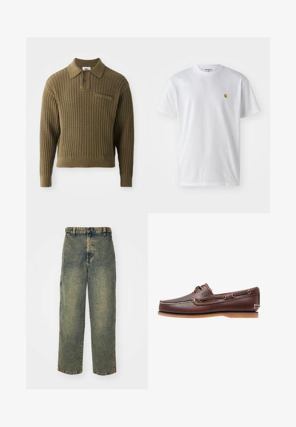 Gebreide trui in olijfgroen met een gestructureerd patroon, een kraag en een knoopsluiting met drie knopen. Voorzien van geribde manchetten en een zoom.; Witte katoenen t-shirt met korte mouwen en ronde hals, voorzien van een klein gouden logo op de linkerkant van de borst. Zachte textuur en een normale pasvorm.; Baggy denim jeans in een vervaagde blauwe en groene was. Heeft een knoopsluiting, riemlussen en zijzakken. Vlakke voorkant en rechte pijpen.; Bruine leren bootschoen met witte stiksels, veterdetails en beige rubberen zool, zijaanzicht op een witte achtergrond.