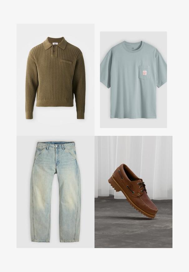 Gebreide trui in olijfgroen met een gestructureerd patroon, een kraag en een knoopsluiting met drie knopen. Voorzien van geribde manchetten en een zoom.; Lichtblauw katoenen T-shirt met korte mouwen en een borstzakje met een klein wit label met rode tekst.; Lichtblauwe jeans met wijde pijpen, gemaakt van denim. Heeft vijf zakken, een knoopsluiting en vervaagde plekken voor een versleten uitstraling.; Bruine leren bootschoen met zwarte veters, beige stiksel en een robuuste zool, zwevend boven een grijze betonnen vloer.