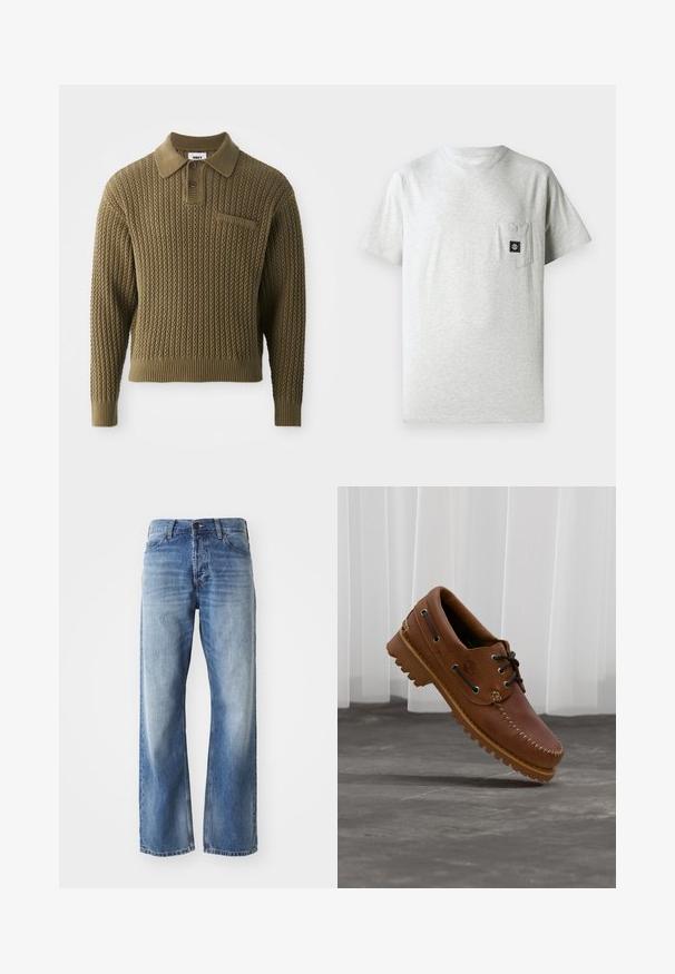 Strickpullover in Olivgrün mit strukturierter Musterung, Kragenhals und einer Drei-Knopf-Leiste. Mit gerippten Bündchen und Saum.; Herren T-Shirt aus grauer Baumwolle mit rundem Halsausschnitt, kurzen Ärmeln und einer kleinen Brusttasche auf der linken Seite, die mit einem kleinen schwarzen Logo-Patch verziert ist.; Blaue Jeans mit geradem Bein aus Denim, mit leichtem Verblassen an den Oberschenkeln und Knien, ausgestattet mit fünf Taschen und einem Knopfverschluss.; Brauner Leder-Bootsschuh mit schwarzen Schnürsenkeln, beigen Nähten und einer robusten Sohle, schwebt über einem grauen Betonboden.