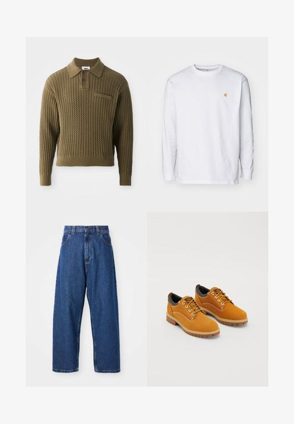 Pull tricoté en vert olive avec un motif texturé, un col et une patte de boutonnage à trois boutons. Présente des poignets et un ourlet côtelés.; T-shirt à manches longues blanc en coton. Présente un petit logo doré sur la poitrine et un col rond. Design simple et coupe standard.; Jean large en denim bleu foncé. Présente une taille haute, des passants de ceinture et un design classique à cinq poches. Ourlet piqué avec une finition soignée.; Chaussures en daim marron avec un bout rond, des lacets jaunes, un col rembourré noir et des semelles en caoutchouc avec des rainures de traction.