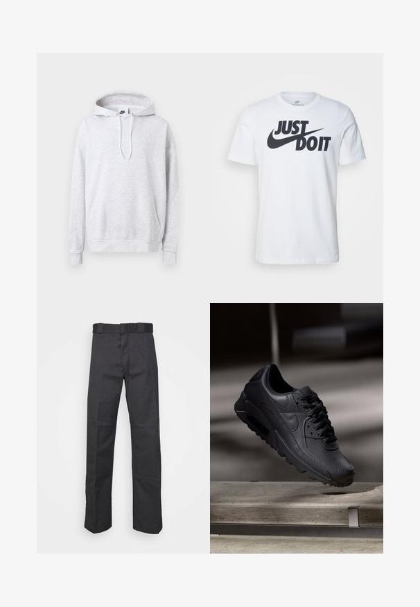 Hall gümbrist puuvilla segu kangast. Omab pikki varrukaid, esist kangaroo taskut, reguleeritavat kapuutsi ning väikest logo rinna kohal.; Valge puuvillane T-särk, millel on silmapaistev must "Just Do It" logo ja Nikei suss. Klassikaline ümmargune kaelus ja lühikesed varrukad.; Mustadest kangast püksid, mis on valmistatud vastupidavast materjalist, sirge jala disainiga, vöökoha jaoks nööbid ja õmblused lisatekstuuri saavutamiseks.; Mustad musta Nike Air Max tossud, millel on tekstuuriga nahk, kummist välistald ja silmapaistev paeltesüsteem, esitades voolujoonelist ja modernset disaini.