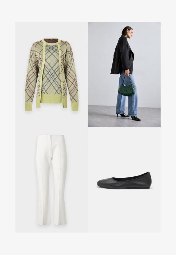 Rabanne Pullover - almond; Pantalons blancs ajustés avec un bas évasé, présentant un devant plat, sans poches, et un tissu lisse.; Ballerines en cuir noir avec un bout rond, texture lisse, détails de couture minimalistes et design de semelle flexible.; DRAGON DIFFUSION ROSANNA - Sac à main - forest