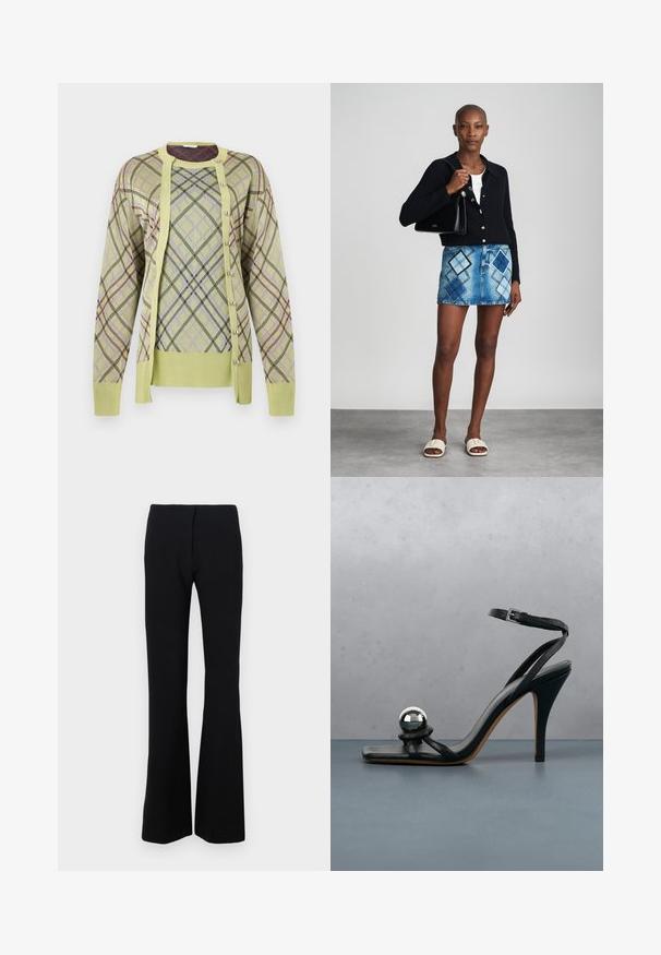 Rabanne Pullover - almond; Pantalons noirs évasés en tissu extensible avec une texture lisse et une taille ajustée. Aucune fermeture visible ni motifs.; Sandale noire à talon haut avec bride à la cheville et boule décorative argentée métallique sur surface carrelée en bois à l'extérieur, avec un arrière-plan flou de verdure et de mur.; Un cardigan en maille noir, un haut blanc, une jupe en denim avec un motif de diamants bleus et noirs, un sac à main noir et des sandales à enfiler beiges.