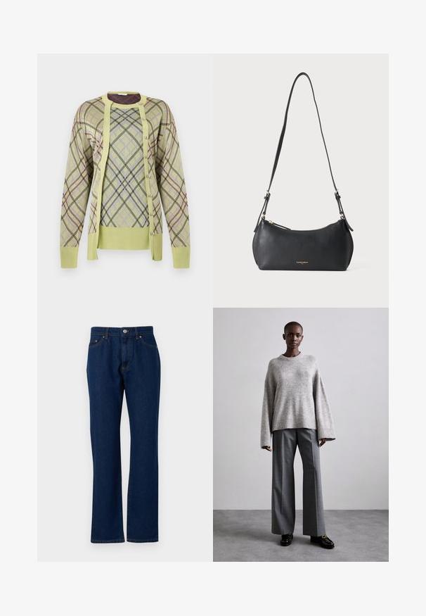 Rabanne Pullover - almond; Jean en denim bleu foncé avec une coupe droite, style cinq poches, fermeture éclair à l'avant et bouton. Tissu durable avec des détails de couture subtils.; Pull en maille gris avec des manches larges et un ourlet côtelé, assorti à un pantalon gris taille haute avec un motif à carreaux discret et des mocassins noirs.; Petit sac à épaule en cuir noir avec sangle réglable et fermeture éclair dorée, avec un texte de marque doré discret sur le devant.