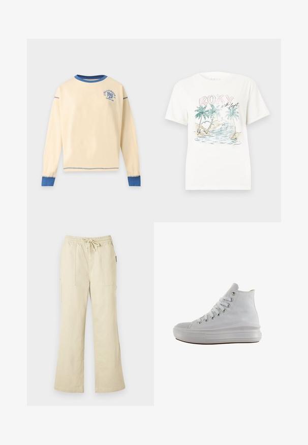 Chemise crème à manches longues avec col rond, col, poignets et coutures bleus, avec un petit logo palmier bleu sur la poitrine gauche.; T-shirt blanc avec une scène tropicale représentant des palmiers, des vagues océaniques, et le texte "ROXY with heart" en couleurs pastel sur le devant.; Pantalon beige à jambes larges avec taille élastique et cordon de serrage, doté de deux poches plaquées avant et de jambes à coupe droite.; Baskets montantes en toile blanche avec lacets blancs, œillets métalliques, semelle épaisse en caoutchouc et bout texturé, orientées vers la gauche sur fond blanc.