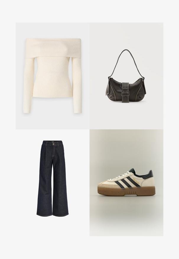 Off-shoulder, geribbelde gebreide trui in crème. Heeft lange mouwen en een getailleerde pasvorm, met een zachte textuur en een subtiele glans.; Donkerblauwe denim jeans met wijd uitlopende pijpen, plooien, knoopsluiting en ceintuurlussen, afgebeeld tegen een witte achtergrond.; Witte Adidas sneaker met zwarte strepen, beige suède neus, bruine zool en "SPEZIAL" in gouden letters aan de zijkant.; Zwarte leren schoudertas met gespsluiting aan de riem, afgeronde hoeken en contrasterende witte stiksels op een effen achtergrond.