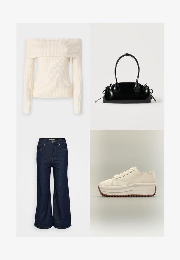 Off-shoulder, geribbelde gebreide trui in crème. Heeft lange mouwen en een getailleerde pasvorm, met een zachte textuur en een subtiele glans.; Donkerblauwe denim jeans met wijde pijpen, voorzien van een knoop- en ritsluiting aan de voorkant en een vijf-pocket ontwerp, gepresenteerd op een effen lichte achtergrond.; Crèmekleurige platformsneaker met dikke witte zool en bruin zigzagprofiel, vetersluiting en bovenwerk van canvas.; Kleine zwarte glanzende handtas met twee lange hengsels en zijkant trekkoord details op een effen lichte achtergrond.