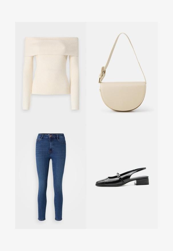Off-shoulder, geribbelde gebreide trui in crème. Heeft lange mouwen en een getailleerde pasvorm, met een zachte textuur en een subtiele glans.; Slim jeans van denim in een diepblauwe kleur met subtiele verkleuring. Voorzien van een ritssluiting, zijzakken en schone zomen.; Zwarte lakleren slingback schoen met een lage blokhak en een dunne band met zilveren gesp bovenop.; HVISK NOMI SOFT STRUCTURE - Handtas - bone white