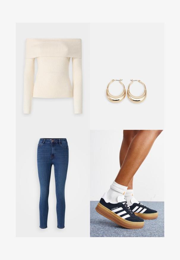 Off-shoulder, geribbelde gebreide trui in crème. Heeft lange mouwen en een getailleerde pasvorm, met een zachte textuur en een subtiele glans.; Slim jeans van denim in een diepblauwe kleur met subtiele verkleuring. Voorzien van een ritssluiting, zijzakken en schone zomen.; Ben met witte sokken en zwarte Adidas Gazelle sneakers met witte strepen en dikke bruine zolen op een grijs tapijt.; Gouden hoepel oorbellen met een halve maan vorm, gepolijste oppervlakte en scharnier sluiting. De gladde textuur en weerspiegelende afwerking vergroten de zichtbaarheid.