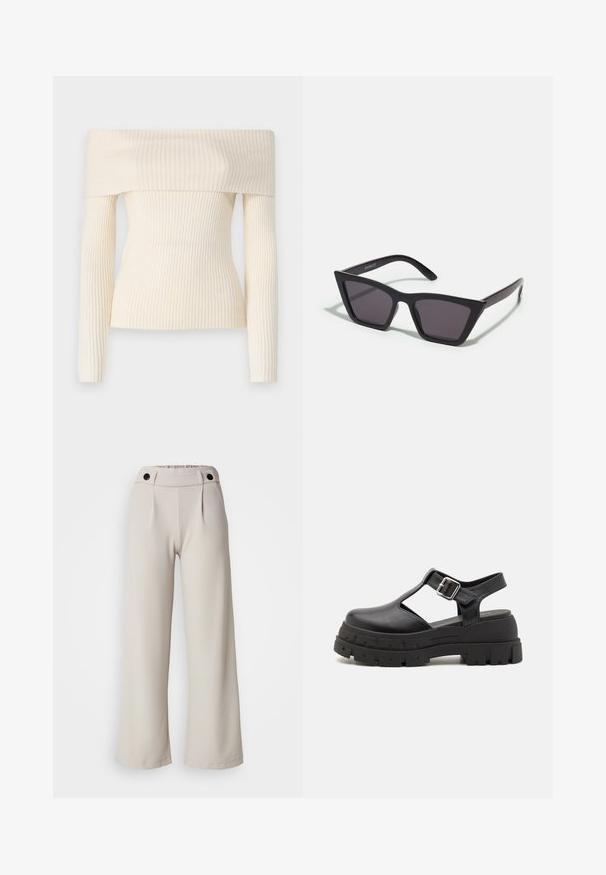 Off-shoulder, geribbelde gebreide trui in crème. Heeft lange mouwen en een getailleerde pasvorm, met een zachte textuur en een subtiele glans.; Plissé wijde broekspijpen in lichtbeige stof met een gladde textuur, voorzien van een verzamelde taille en twee zwarte knopen op de tailleband.; Zwarte platform sandalen van glad synthetisch materiaal, met een open teen, uitsnijdingen, verstelbare gesp en een dikke, gestructureerde zool.; Zwarte, hoekige zonnebril met grijze lenzen; gemaakt van plastic, met dikke armen met een gladde oppervlakte en zonder zichtbare hardware.