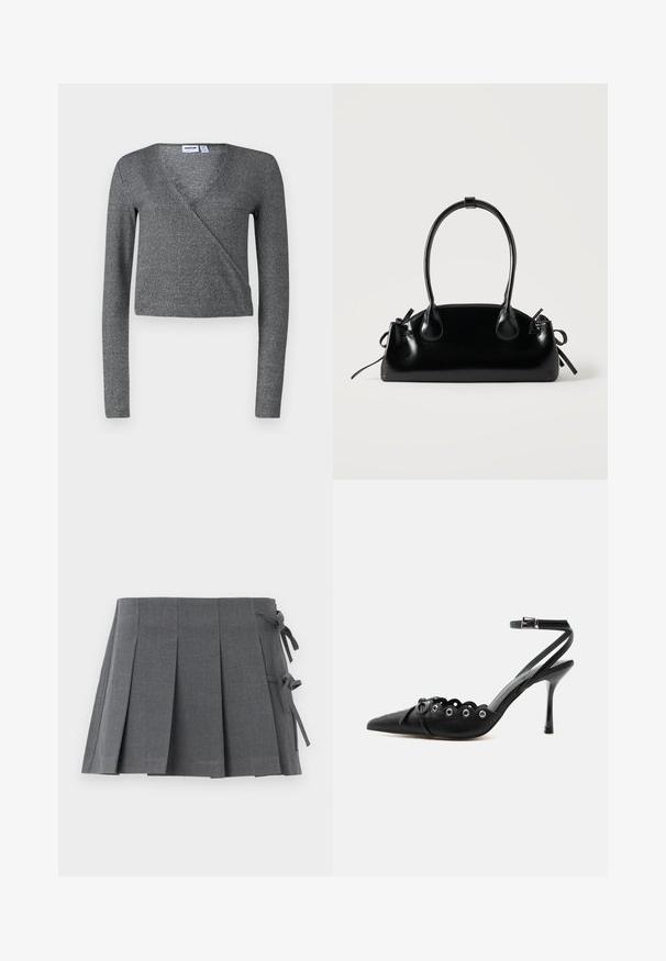 Top gris de manga larga con cierre cruzado, hecho de tela texturizada, con un escote en V profundo y un diseño corto. Costuras limpias y detalles mínimos.; Minifalda plisada gris en un tejido texturizado, que presenta un cierre anudado en un lado y una cintura lisa para mayor comodidad.; Zapato de tacón alto negro con punta fina, bordes ondulados, ojales metálicos, cordones delanteros y una correa en el tobillo con cierre de hebilla.; Pequeño bolso negro brillante con dos asas largas y detalles de cordón lateral sobre un fondo claro liso.