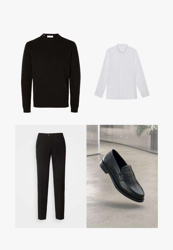 Zwarte lange mouws trui met ronde hals en geribbelde boorden en zoom, afgebeeld op een effen witte achtergrond.; Witte blouse met lange mouwen van soepel stof, met een puntige kraag, voorkant met knoopsluiting en manchetten met één knoop.; Zwarte rechte broek van gladde stof, met een knoopsluiting en zijzakken in een klassiek ontwerp.; Zwarte leren loafer met een gladde textuur, spitse neus en een decoratieve band over de wreef. Lichtgewicht zool, minimalistisch ontwerp.