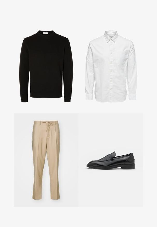 Jersey de punto negro de manga larga con cuello redondo, puños y bajo acanalados, mostrado sobre un fondo blanco liso.; Camisa blanca de manga larga con botones, cuello y bolsillo en el pecho, con la etiqueta "Selected Homme" en el interior del cuello.; Pantalones beige a medida con cintura ajustable y perneras rectas, y dos bolsillos laterales. Hechos de una tela suave, con pliegues definidos.; Mocasines de cuero negro con un acabado suave, que presentan una punta redondeada y una banda estrecha en la parte superior. Tacón bajo apilado.