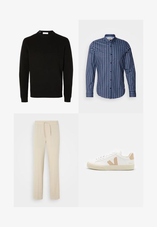 Schwarzer langärmliger Rundhals-Strickpullover mit gerippten Bündchen und Saum, auf weißem Hintergrund gezeigt.; Scotch & Soda SLIM FIT SHIRT - Hemd - faded denim; Beige, elastische Hosen mit einem Kordelzug. Sie haben gerade Beine und eine glatte Textur, geeignet für Freizeit oder Entspannung.; Weiße Sneaker mit beigen Akzenten, aus glattem Leder, mit runder Zehenform, flacher Gummisohle und Schnürverschluss sowie einem Logo an der Ferse.