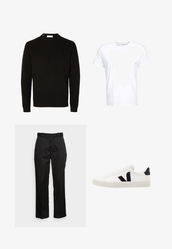 Pull en maille noir à manches longues, col rond, avec poignets et bas côtelés, présenté sur un fond blanc uni.; T-shirt en coton blanc avec un col rond et des manches courtes, au fit classique et à la texture lisse. Aucun motif ni accessoire visible.; Pantalons noirs en tissu lisse, avec une coupe droite, des passants de ceinture et deux poches latérales. Look classique sans embellissements.; Sneaker blanche en cuir avec des accents en daim noir ; dispose d'une semelle en caoutchouc, d'un bout rond et d'un design classique à lacets. Logo latéral en noir.