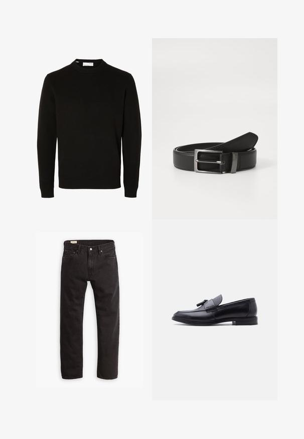 Jersey de punto negro de manga larga con cuello redondo, puños y bajo acanalados, mostrado sobre un fondo blanco liso.; Jeans de denim negro con corte recto, que presentan un diseño clásico de cinco bolsillos, costuras sutiles y cierre de botón metálico.; Mocasín de cuero negro con panel de tela gris texturizada y detalle de borlas, tacón bajo y punta redondeada, mostrado de perfil sobre fondo blanco.; Cinturón de cuero negro con hebilla de metal plateada, que presenta un acabado suave y un diseño clásico. El cinturón está neatly doblado.