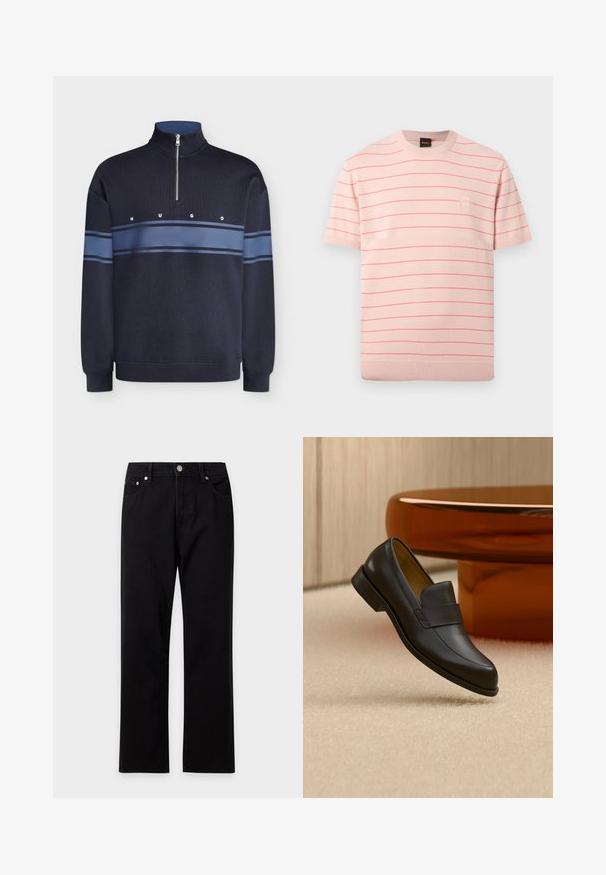 Sweat-shirt bleu marine à fermeture éclair quart, avec des rayures horizontales bleu clair et l'inscription "HUGO" sur la poitrine.; Chemise tricotée à manches courtes de couleur rose clair avec de fines rayures horizontales rouges et un petit patch logo carré sur le côté gauche de la poitrine.; Jean en denim noir à coupe droite avec poches avant, passants de ceinture et fermeture à bouton argenté sur un fond clair.; Mocassin en cuir noir à talon bas flottant au-dessus d'un sol moquetté beige près d'une table ronde marron.