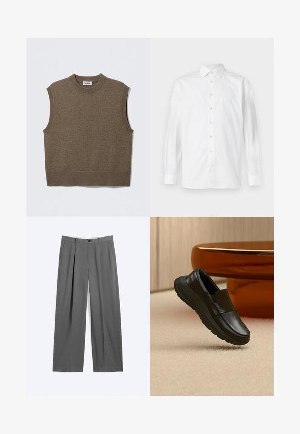 Pull sans manches marron en maille avec un col rond, des bords côtelés et une texture douce ; étiquette indiquant "WEEKDAY".; Chemise blanche à manches longues avec boutons, col à l'italienne et poignets boutonnés, présentée sur un fond blanc uni.; Pantalon formel gris avec jambes droites, plis à l'avant, poches latérales, passants pour ceinture et fermeture devant par bouton et glissière.; Mocassin en cuir noir avec une semelle épaisse, présenté au-dessus d'un tapis beige et près d'une base de table ronde couleur ambre.