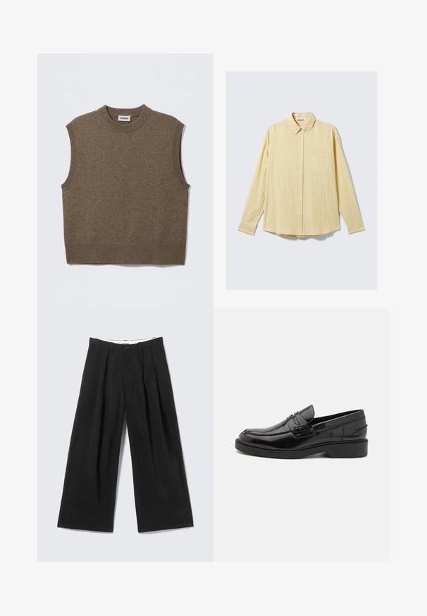 Pull sans manches marron en maille avec un col rond, des bords côtelés et une texture douce ; étiquette indiquant "WEEKDAY".; Chemise jaune à manches longues boutonnée en tissu texturé, avec une poche poitrine, un col pointu et un ourlet arrondi. Étiquette de la marque visible.; Pantalon noir à jambes larges avec plis, passants pour ceinture et fermeture par bouton, présenté sur un fond gris clair.; Mocassins en cuir noir avec une finition lisse, un bout rond, un petit talon et descoutures décoratives à l'avant. Semelle en caoutchouc pour l'adhérence.