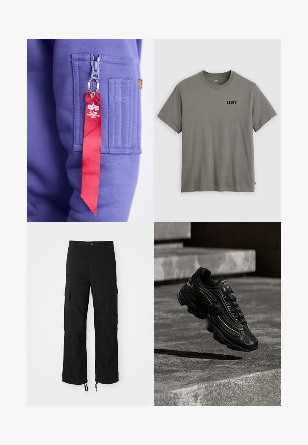 Sudadera morada con cremallera frontal y una etiqueta de cinta roja que muestra "ALPHA INDUSTRIES INC." Parche texturizado en la manga cerca de la cremallera.; Camiseta verde Levi’s de manga corta con cuello redondo, logo negro en el pecho izquierdo y pequeña etiqueta roja en la costura lateral izquierda.; Pantalones cargo negros hechos de tela durable, con dos bolsillos laterales, cierre de botón y dobladillos ajustables para un ajuste suelto y relajado.; Zapatilla negra de New Balance con detalles en verde neón suspendida sobre escalones de hormigón gris con poca luz.