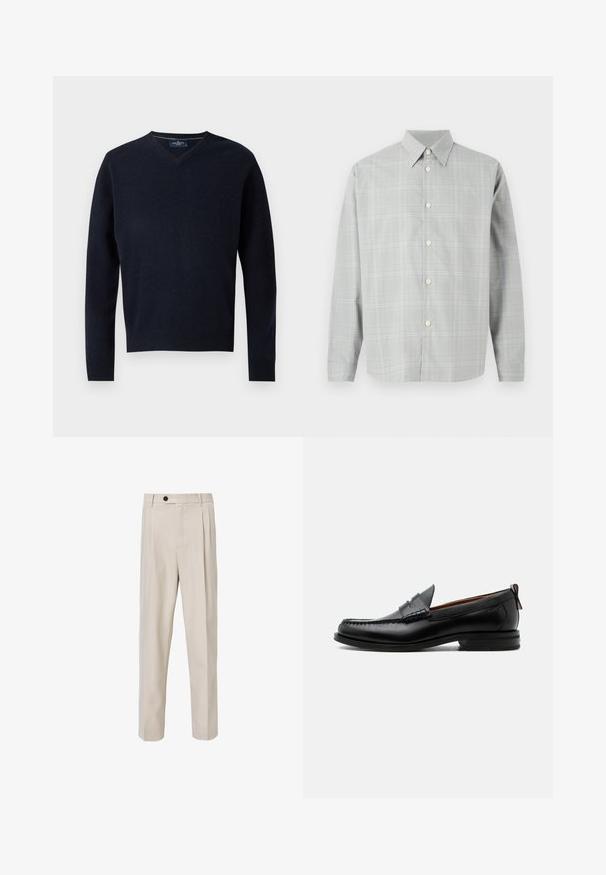 Marineblå V-hals sweater lavet af et blødt stof, med lange ærmer og ribbet kant. Minimalistisk design med en simpel etiket ved kraven.; Grå langærmet skjorte med et let ternet mønster, knap-Front design, spids krave og glat stoftekstur.; Beige skræddersyede bukser med lige ben-design, der har frontplisseringer, knaplukning og en glat tekstur.; Sort læder herre loafer med moc-tå syning, penny strop, struktureret krave og lav stablet hæl på hvid baggrund.