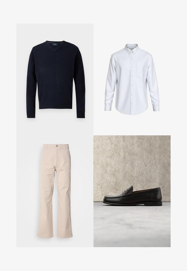 Navy V-Ausschnitt-Pullover aus einem weichen Stoff, mit langen Ärmeln und einem gerippten Saum. Minimalistisches Design mit einem schlichten Etikett am Kragen.; Weißes langärmeliges Hemd mit dünnen vertikalen schwarzen Streifen und einer einzelnen Brusttasche, gezeigt vor neutralem Hintergrund.; Beige Baumwollhosen mit geradem Beinschnitt, ausgestattet mit einem Knopfverschluss, vorderen Taschen und minimaler Stichdetails.; Schwarzer Pennyloafer aus Leder mit niedrigem Absatz, abgerundeter Spitze und genähten Details vorne und an den Seiten, gezeigt vor neutralem Hintergrund.