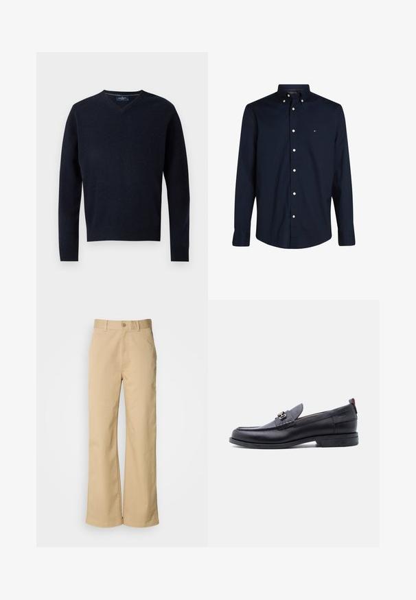 Marineblå V-hals sweater lavet af et blødt stof, med lange ærmer og ribbet kant. Minimalistisk design med en simpel etiket ved kraven.; Marineblå skjorte med knapper lavet af bomuld, med klassisk krave, lange ærmer og hvide knapper. Har et lille logo på brystet.; Beige, vidde bukser lavet af en bomuldsblanding. Har en knaplukning og bæltestropper. Glat tekstur med minimale syninger.; Sort lædermokasin med grå tekstureret forfod, sølvfarvet metalspænde, lav hæl og trækflap bagpå.