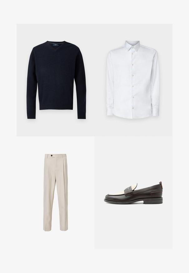Marineblå V-hals sweater lavet af et blødt stof, med lange ærmer og ribbet kant. Minimalistisk design med en simpel etiket ved kraven.; Hvid langærmet skjorte lavet af glat stof, med en klassisk krave, knaplukning og manchetter med knapper, vist på en ensfarvet baggrund.; Beige skræddersyede bukser med lige ben-design, der har frontplisseringer, knaplukning og en glat tekstur.; Mørkebrune herresko i læder med cremefarvet stofpanel og klassisk syning på remmen, flad sål og trækskærm ved hælen.