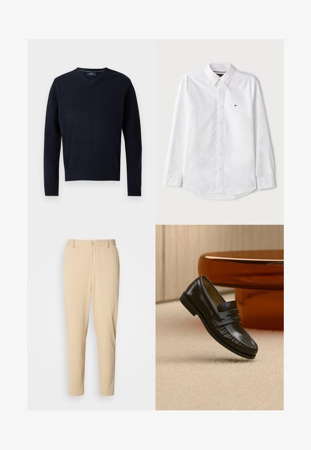 Navy V-Ausschnitt-Pullover aus einem weichen Stoff, mit langen Ärmeln und einem gerippten Saum. Minimalistisches Design mit einem schlichten Etikett am Kragen.; Weiße Langarmhemd mit Knopfverschluss und klassischem Kragen, aus Baumwolle gefertigt, mit einem dezenten Logo auf der Brust und einem abgerundeten Saum.; Beige, strukturierte Hose mit schmalem Schnitt, mit einem Frontknopfverschluss, Gürtelschnallen und seitlichen Taschen. Glatte Gewebeoberfläche.; Glänzender schwarzer Leder-Loafer mit einem Riemendetail, auf einem beigen Teppich neben einem runden braunen Couchtisch in einem sanft beleuchteten Raum platziert.