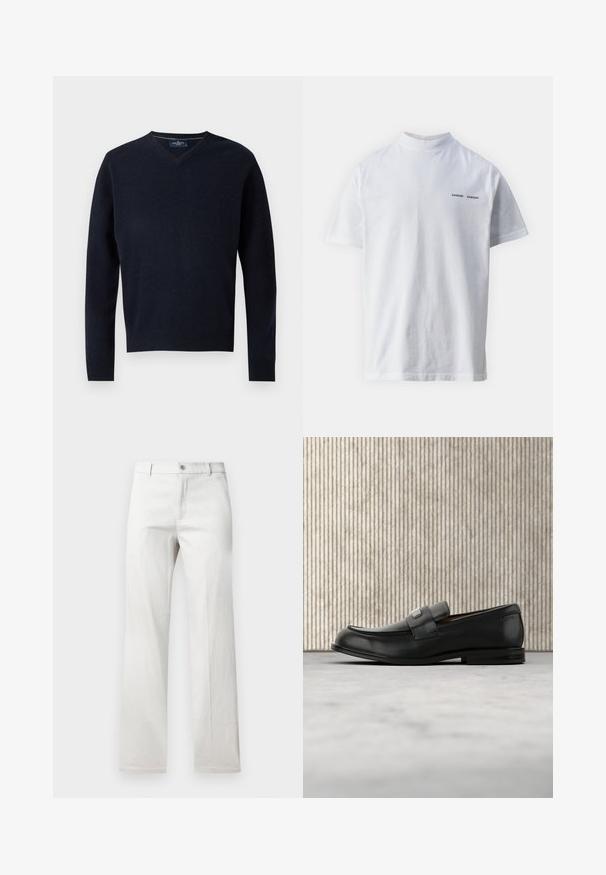 Marineblauwe V-hals trui van een zachte stof, met lange mouwen en een geribde zoom. Minimalistisch ontwerp met een eenvoudig label op de kraag.; Witte katoenen t-shirt met een hoge hals en korte mouwen. Voorzien van het 'SAMSØE SAMSØE' logo in het zwart op de voorkant. Glad van textuur.; Lichtgrijze broeken met een rechte pijp, gemaakt van een soepele stof, met een voorste knoopsluiting en zijzakken.; Zwarte leren loafer met een metalen merktekenplaatje, rustend bij een bruine ronde tafel op een beige tapijtvloer.