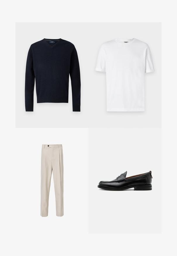 Navy V-Ausschnitt-Pullover aus einem weichen Stoff, mit langen Ärmeln und einem gerippten Saum. Minimalistisches Design mit einem schlichten Etikett am Kragen.; Weißes Baumwoll-T-Shirt mit Rundhalsausschnitt, kurzen Ärmeln und umgeschlagenen Bündchen; schlichtes Design, weiche Textur und gerade geschnitten.; Beige maßgeschneiderte Hose mit geradem Beinschnitt, vorderen Falten, Knopfverschluss und glatter Stoffstruktur.; Schwarzer Leder-Herrenschuh mit Mokassinnaht, Penny-Riemen, strukturiertem Kragen und niedrigem gestapeltem Absatz auf weißem Hintergrund.