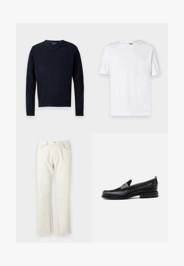 Marineblå V-hals sweater lavet af et blødt stof, med lange ærmer og ribbet kant. Minimalistisk design med en simpel etiket ved kraven.; Hvid bomulds T-shirt med rund hals, korte ærmer og oprevet manchetter; enkel design, blød tekstur og lige snit.; Lys beige straight-leg jeans lavet af bomuldsdenim. Har lommer, en klassisk knaplukning og en subtil tekstur uden mønstre.; Sort læderloafer med grå remdetalje, lav hæl og tekstureret sål, mærket med "HUGO" i guld på siden.
