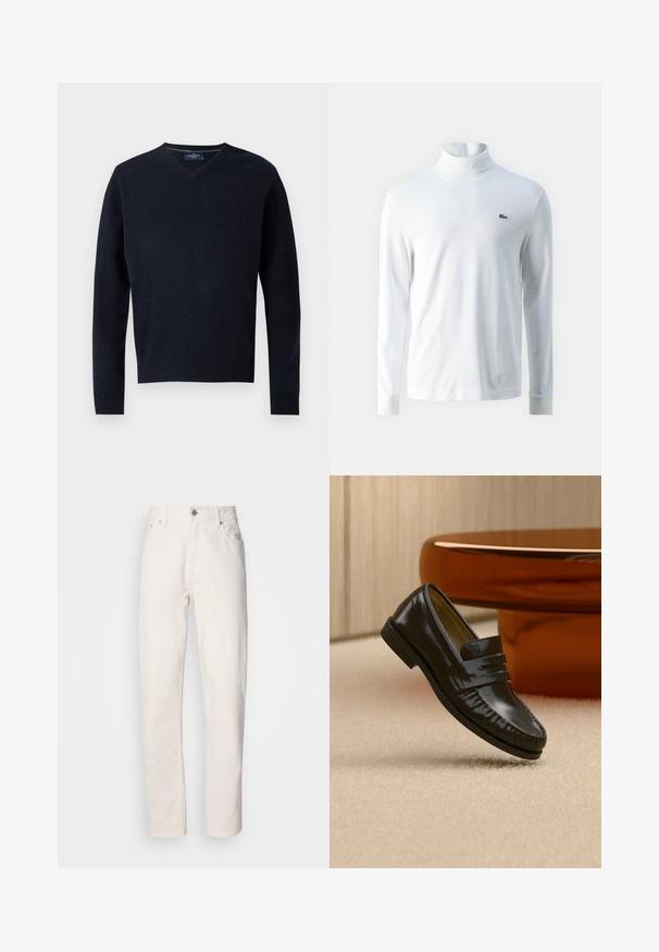 Marineblauwe V-hals trui van een zachte stof, met lange mouwen en een geribde zoom. Minimalistisch ontwerp met een eenvoudig label op de kraag.; Witte lange mouw turtleneck shirt van zachte stof, met een klein groen geborduurd logo op de borst en aansluitende manchetten.; Spijkerbroek van wit denim met rechte pijpen, knoop- en ritsluiting, riemlussen en voor- en achterzakken, weergegeven op een effen achtergrond.; Glanzende zwarte leren loafer met een banddetail, geplaatst op een beige tapijt naast een ronde bruine salontafel in een zacht verlichte kamer.