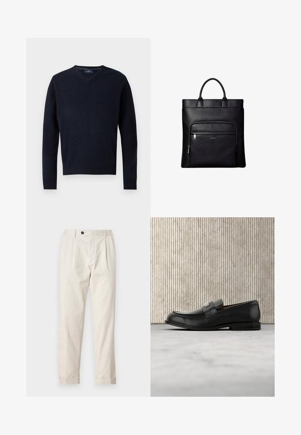 Navy V-Ausschnitt-Pullover aus einem weichen Stoff, mit langen Ärmeln und einem gerippten Saum. Minimalistisches Design mit einem schlichten Etikett am Kragen.; Cremfarbene Hose mit taillierter Passform, bestehend aus einem Ein-Knopf-Verschluss, gefalteter Vorderseite und umgeschlagenen Säumen. Aus leichtem Stoff hergestellt.; Schwarzer Lederloafer mit einer Metallmarkenplatte, der nahe einem braunen runden Tisch auf beigem Teppichboden ruht.; Schwarze Ledertasche „Tote“ mit oberen Griffen und vorderer Reißverschlusstasche mit kleinem Calvin Klein-Logo auf der Tasche.